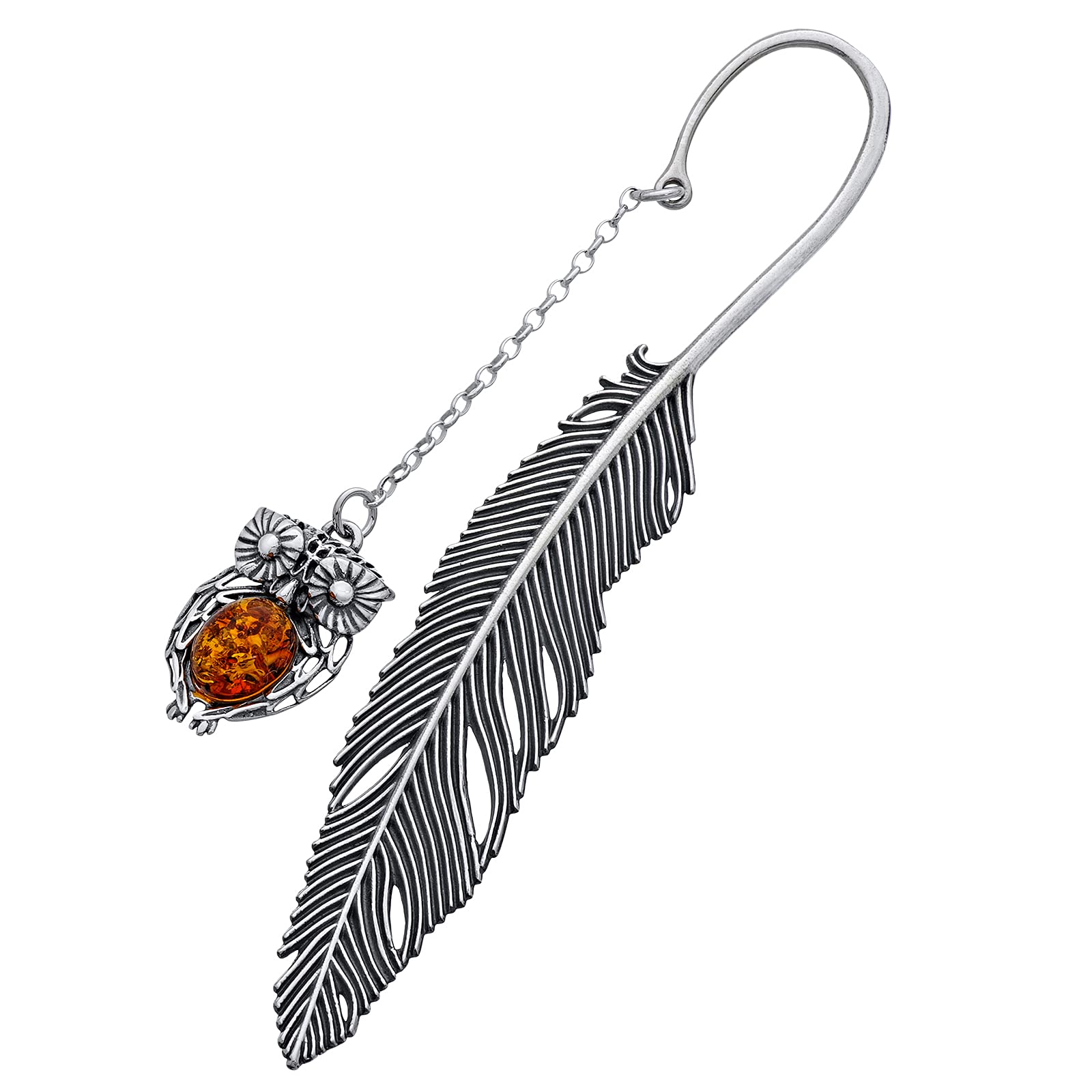 925 Sterling Silver Bookmark, Oxidized Finish, owl Pendant with Oval Baltic Amber in Cognac Color, Length Approx. 11.5 cm