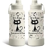 Cat Gifts for Women Girls - 34oz Black Cats Water Bottle, Everything Is Fine Cats Themed Insulated Travel Tumbler, Cute Coffee Cup for Cat Lovers, Mom, Funny Black Cat Christmas Birthday Gifts (1 pc)