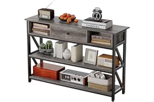 Mexin 47 Inch Console Sofa Table with Drawer, Industrial Entryway Table with Storage Shelves, Storage Organizer for Hallway Living Room Couch Foyer Kitchen Counter, Grey Oak