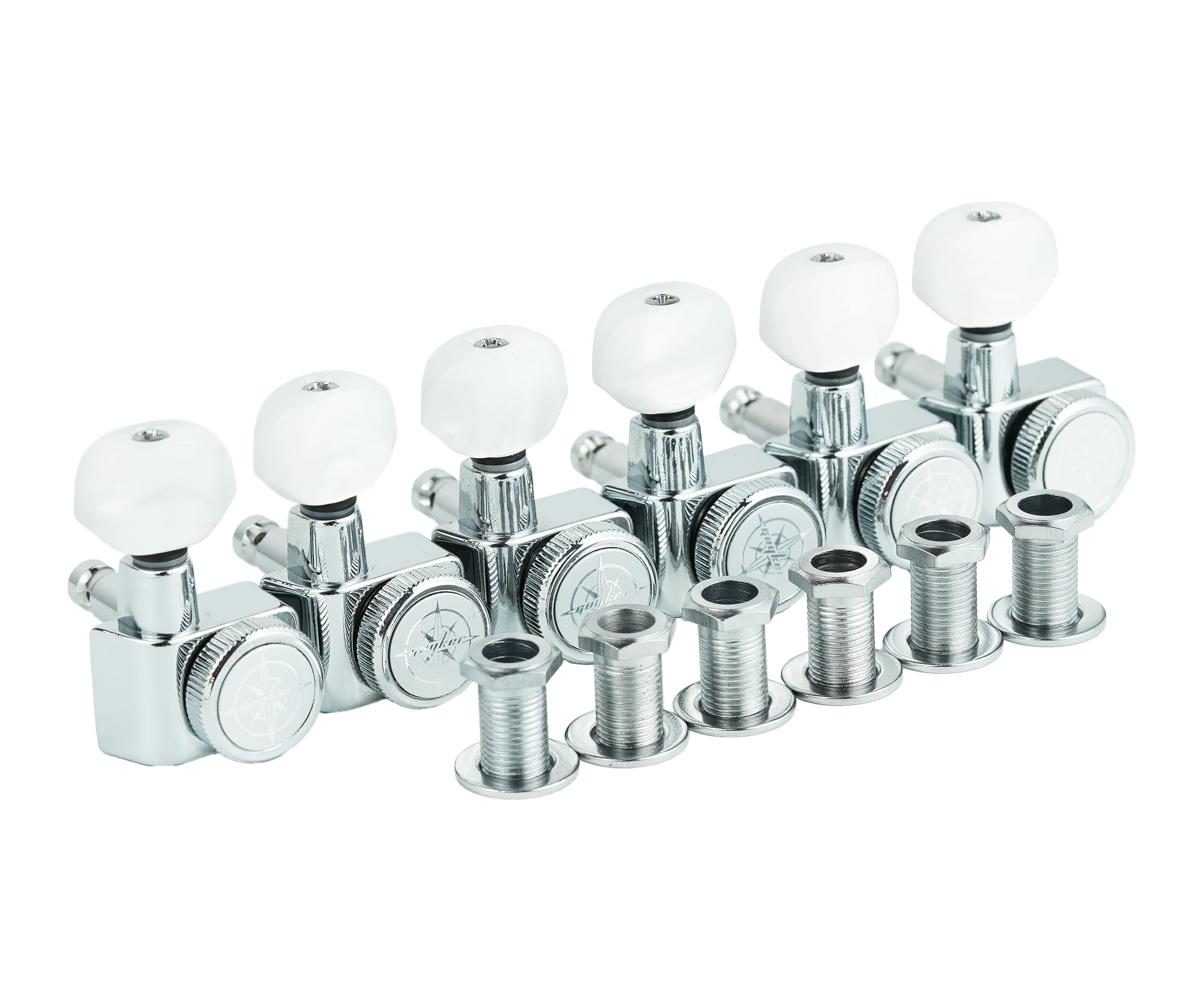 Guyker 6 In-line Guitar Locking Tuners – 1:18 Lock String Tuning Key Pegs Machine Heads for Folk Classical Acoustic Electric Guitar - Pearl Buttons, Chrome