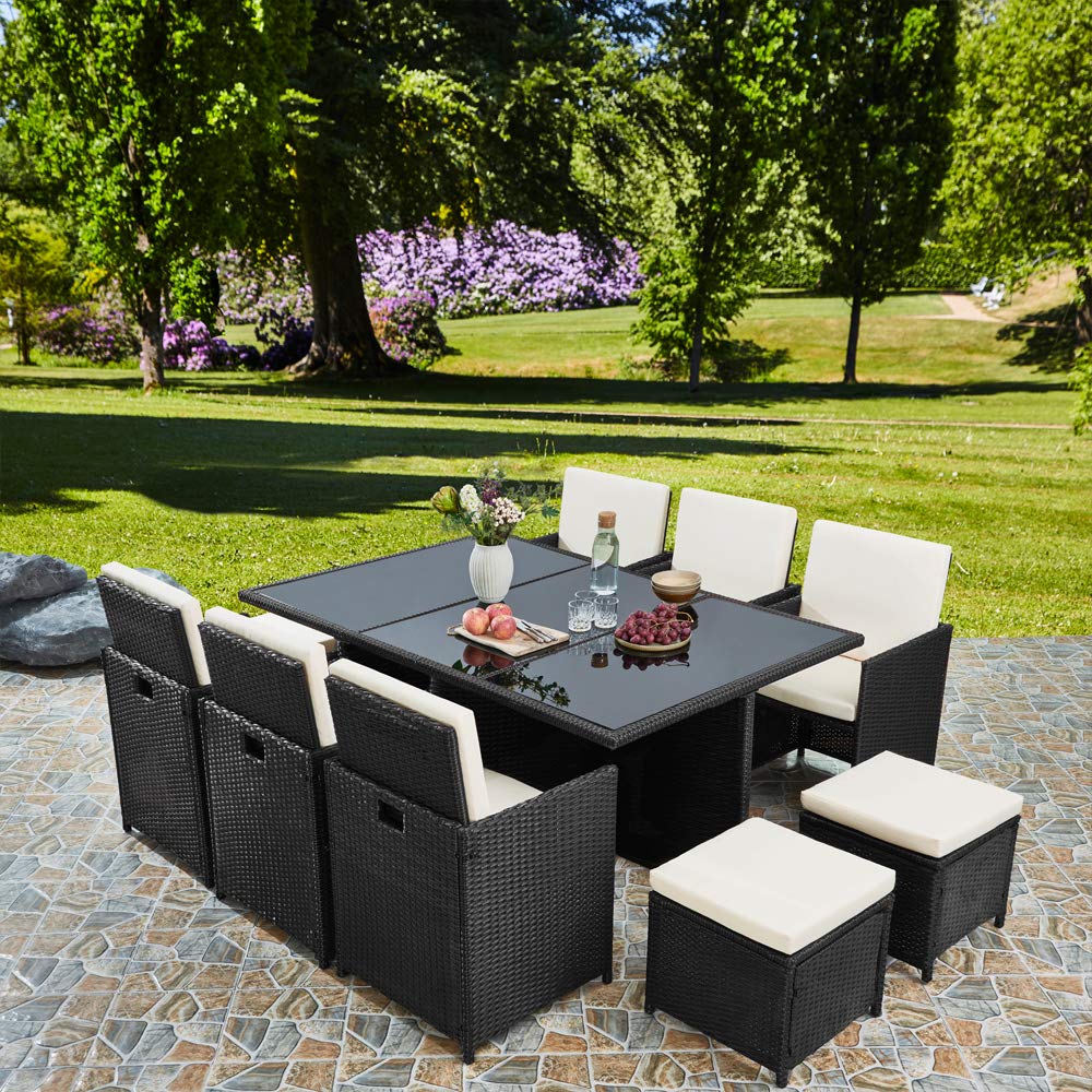 Raygar Deluxe 11 Piece 10 Seater Rattan Cube Dining Table Garden Furniture Patio Set Black Buy Online In India At Desertcart In Productid 62672211