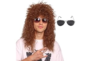 FantaLook Long Curly Brown Cosplay Wig with Sunglasses for Halloween