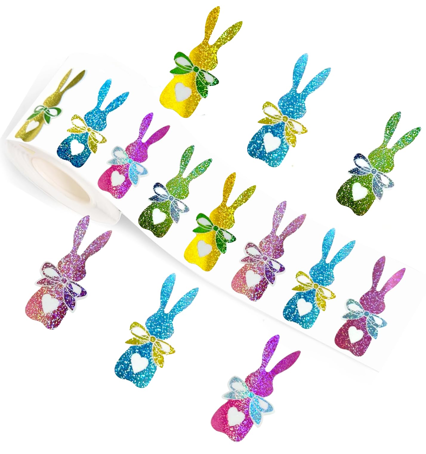 500Pcs Bling Sparkly Easter Bunny Stickers, 1.2'' x 0.8'' 1 Roll of 5 Colors | Easter Basket Essentials Stuff, Spring Self-Adhesive Rabbit Stickers for Seal Envelope Cards Decor Holiday Party Supplies