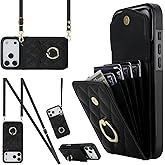 MRRSIWEI Crossbody Case for Apple 17 Pro with Card Holder, PU Leather with Wallet Removable Lanyard Wrist Strap Kickstand Cover for Women Girls Case for iPhone 17 Pro.Lanyard Black