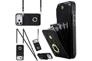 MRRSIWEI Crossbody Case for Apple 17 Pro with Card Holder, PU Leather with Wallet Removable Lanyard Wrist Strap Kickstand Cover for Women Girls Case for iPhone 17 Pro.Lanyard Black