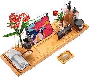 Bamboo Expandable Tub Tray Wood Adjustable Tray for Bathtub Caddy with Book iPad Tray, Phone Holder, Wineglass Holder, Two Extra SPA Trays for Luxury Spa by FURNINXS