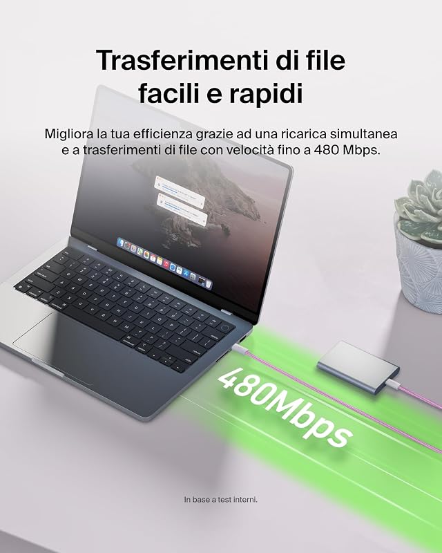Confezione da 2 cavi intrecciati da USB-C a USB-C da 1,5 m, 60 W, cavo flessibile per ricarica rapida, cavo Type-C per iPhone 17 e iPhone 16 series, Galaxy S25, Pixel 10, iPad Pro e altri, rosa