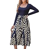 CUPSHE Womens Fall Casual Work Dress Long Sleeve Square Neck Waist Tie Abstract Print Midi Dresses