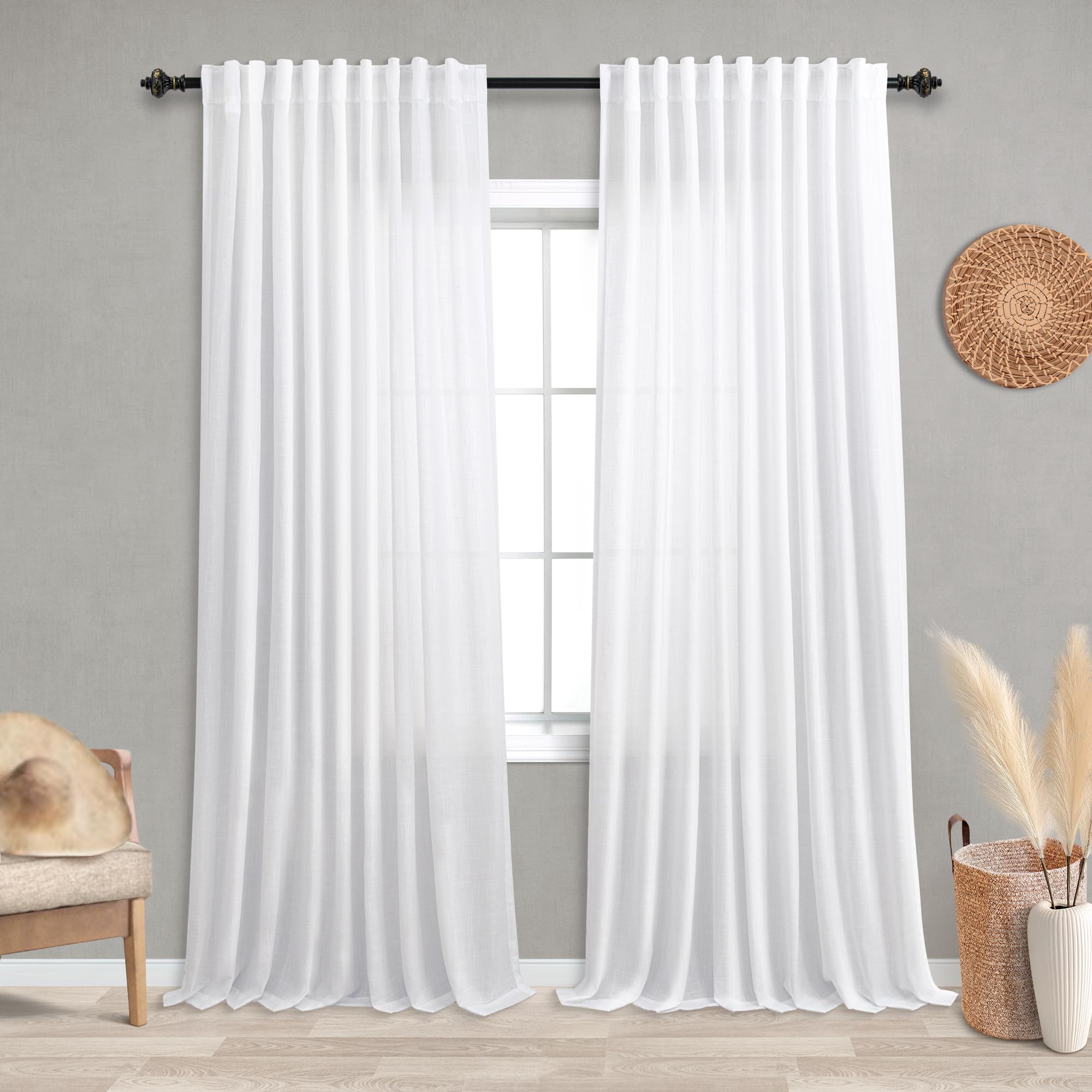 Photo 1 of KOUFALL White Curtains 84 Inches Long,Extra 72 Inch Wide 72x84 Linen Sheer Pleat Curtain Drapes 84 Inch Length for Living Room Bedroom 2 Panels Set