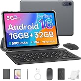 Tablet 10 Inch, Android 16 Tablet with Keyboard, 16GB RAM + 32GB, Gray | 1280 x 800 HD IPS, 6000mAh, WiFi 6, BT 5.4, Dual Camera, Mouse, Stylus, 2-in-1 for Study and Travel