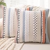 WANLIRD Boho Throw Pillow Covers 18x18 Set of 2 Farmhouse Decorative Cushion Case Striped Square Pillows Cover Chenille Pillow Cases Accent Neutral Pillowcase for Sofa Couch Bed,Orange-Blue