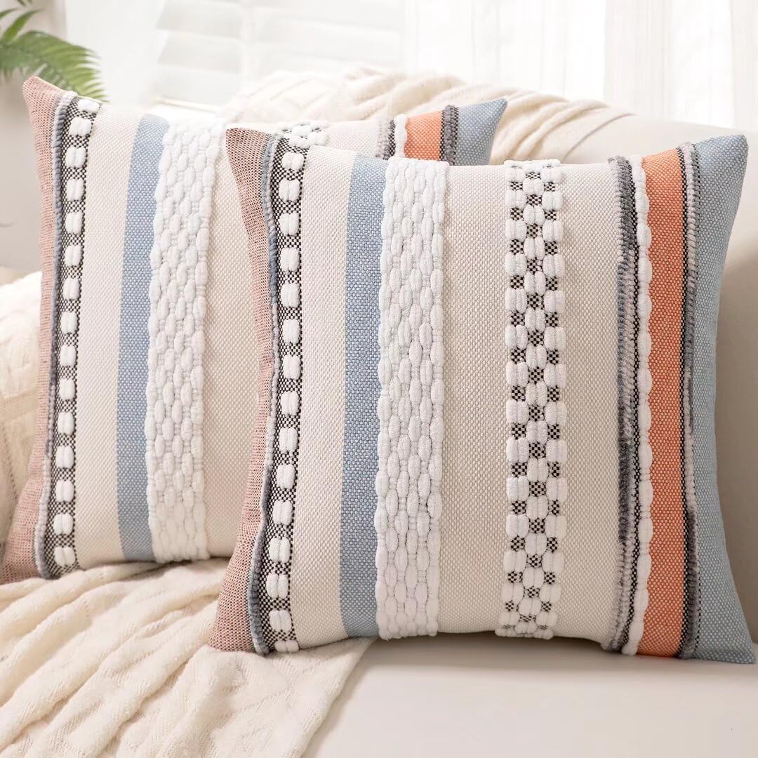 Boho Chenille Pillow Covers 18x18 Set Of 2 - Striped Farmhouse Decorative Cushion Covers