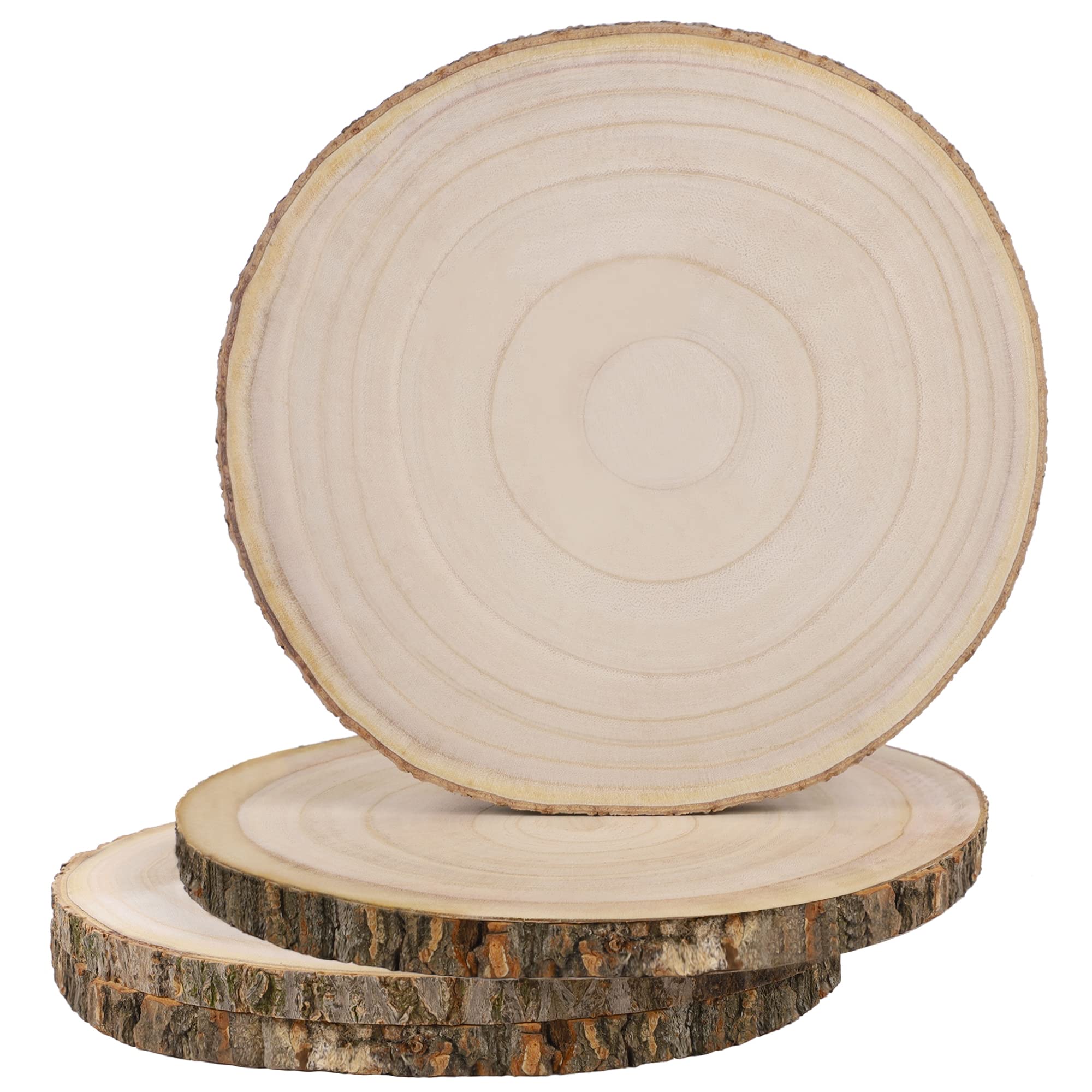 Photo 1 of Prsildan 4 Pcs Large Natural Wood Slices, 10-11.5 Inches Unfinished Wood Centerpieces for Tables, DIY Round Wooden Circle Sign Crafts for Wedding Party Décor
