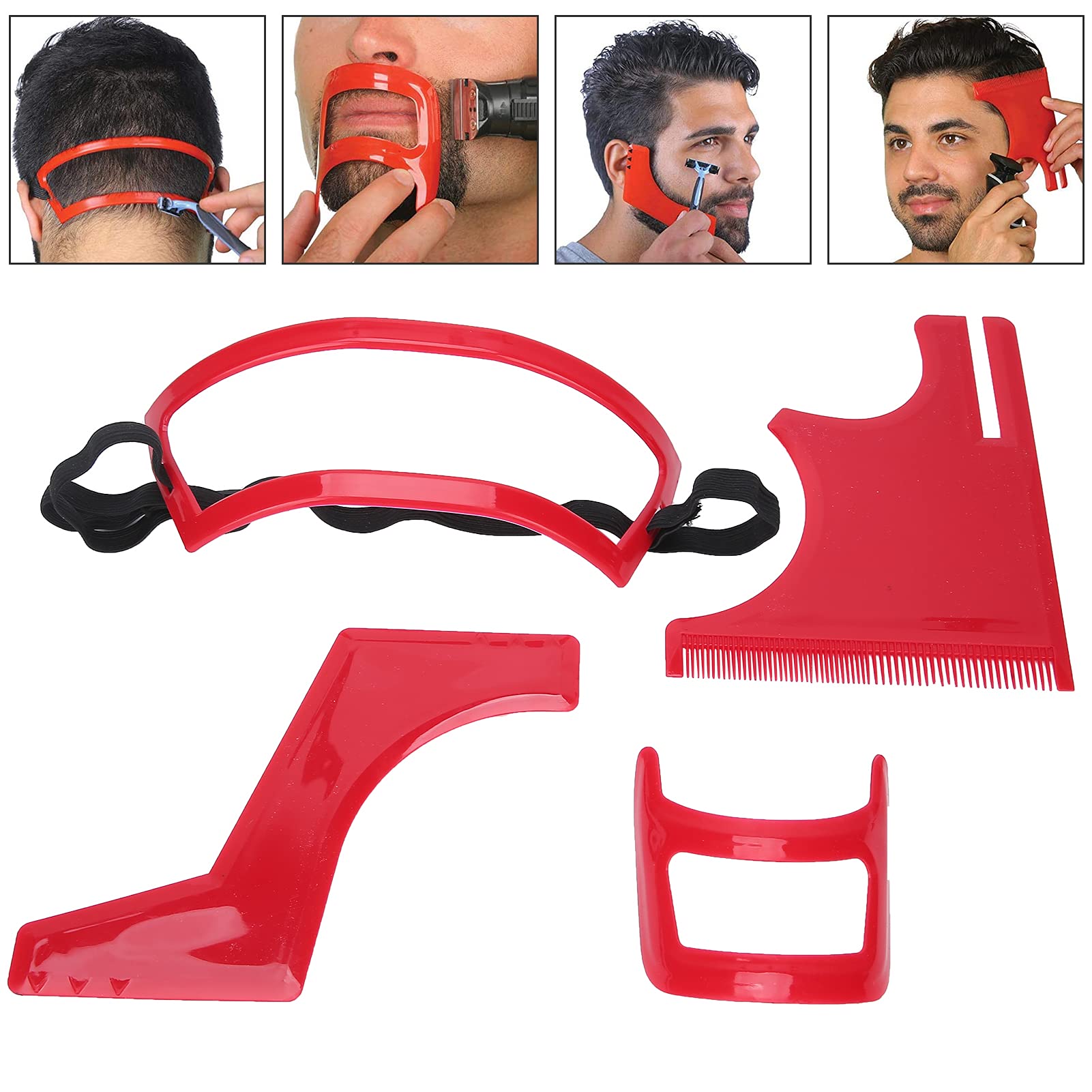 4PCS Beard Shaping Tool Template Kit, Red Plastic Beard Cutting Template Set include 1 x Beard Template, 1 x Hairline Template, 1 x Goatee Template and 1 x Neckline Template