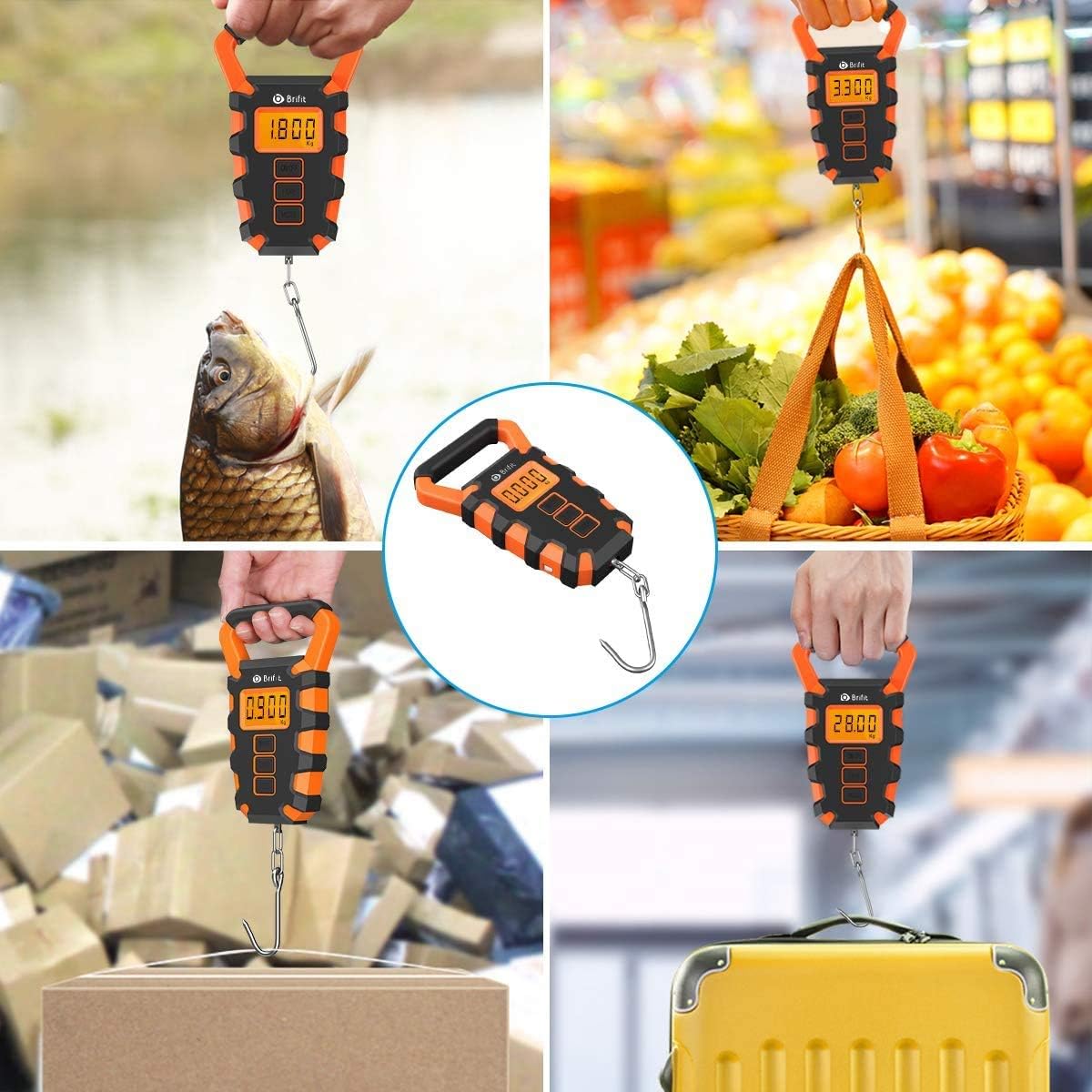 Brifit Digital Fishing Scale with Ruler, 15g/50kg Electronic Digital Luggage Scale, 110lb Max Fishing Postal Hanging Hook Scale with Measuring Tape, Backlit LCD Display (Batteries Included): Kitchen & Dining