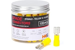 HKS 100PCS Female Vinyl Insulated Spade Connector Yellow 12-10 AWG - 6.3mm 1/4" Electrical Quick Disconnect Wire Connectors Kit - Tinned Copper PVC Terminals