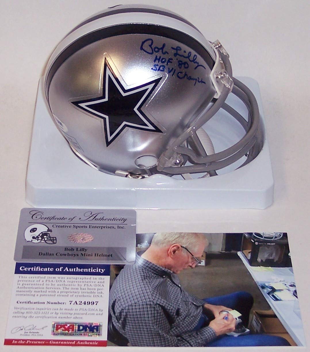 Bob Lilly Autographed Hand Signed Dallas Cowboys Mini Football Helmet - with Hall of Fame 80 and Sup