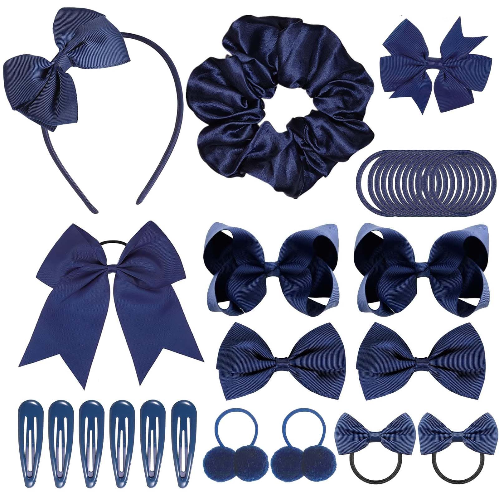 68Pcs Navy Hair Accessories Kit - Girls School Hair Accessories, Blue Bow Hair Clips, Headbands, Barrettes, Ponytail Holders, Elastics Bands, Ribbon
