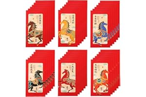 36pcs Chinese New Year Horse Envelopes, 6 Styles Thick Paper Long Style 2026 Hong Bao for 2026 Chinese New Year & Holiday Gre