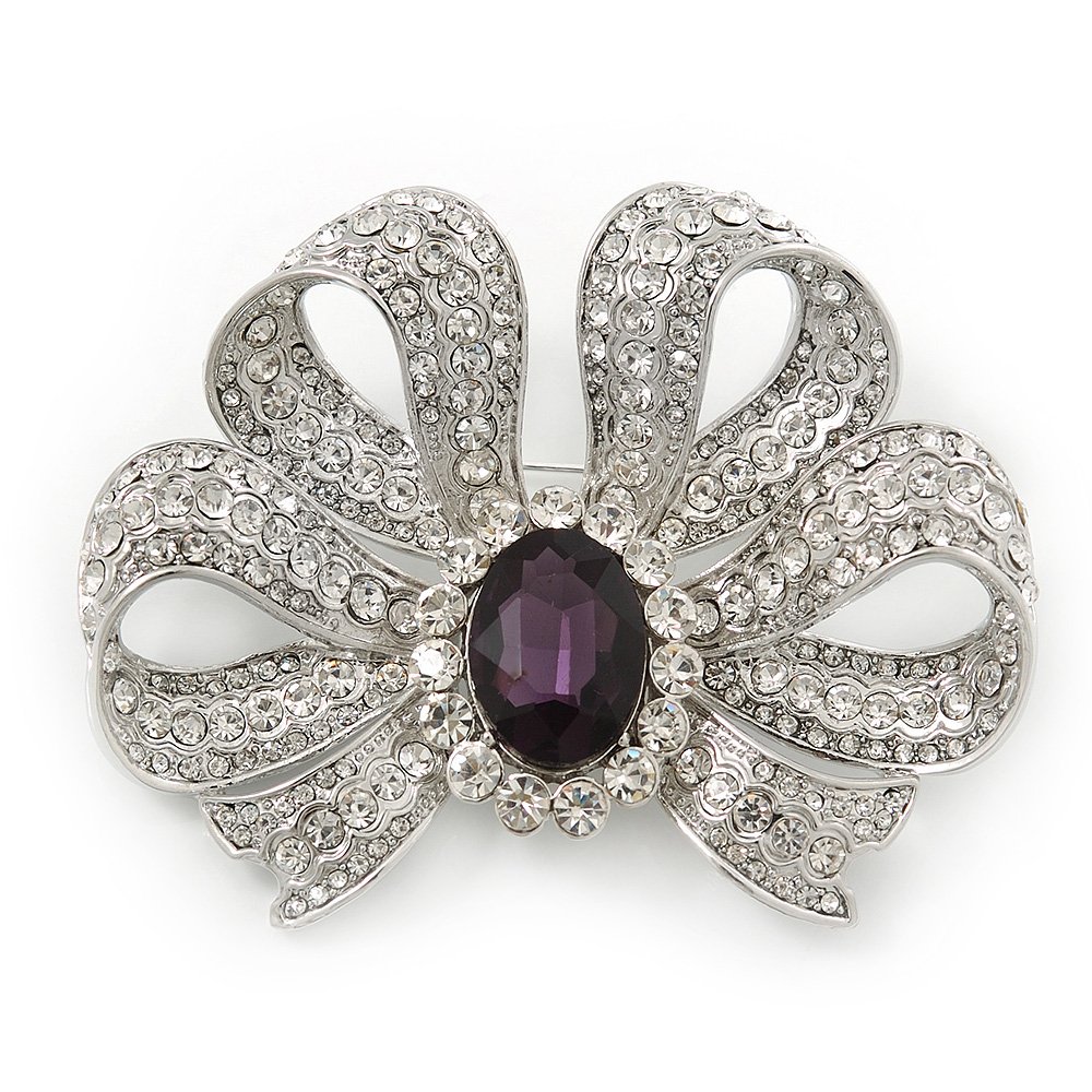Large Clear Crystal, Purple CZ 'Bow' Brooch In Rhodium Plating - 70mm Length