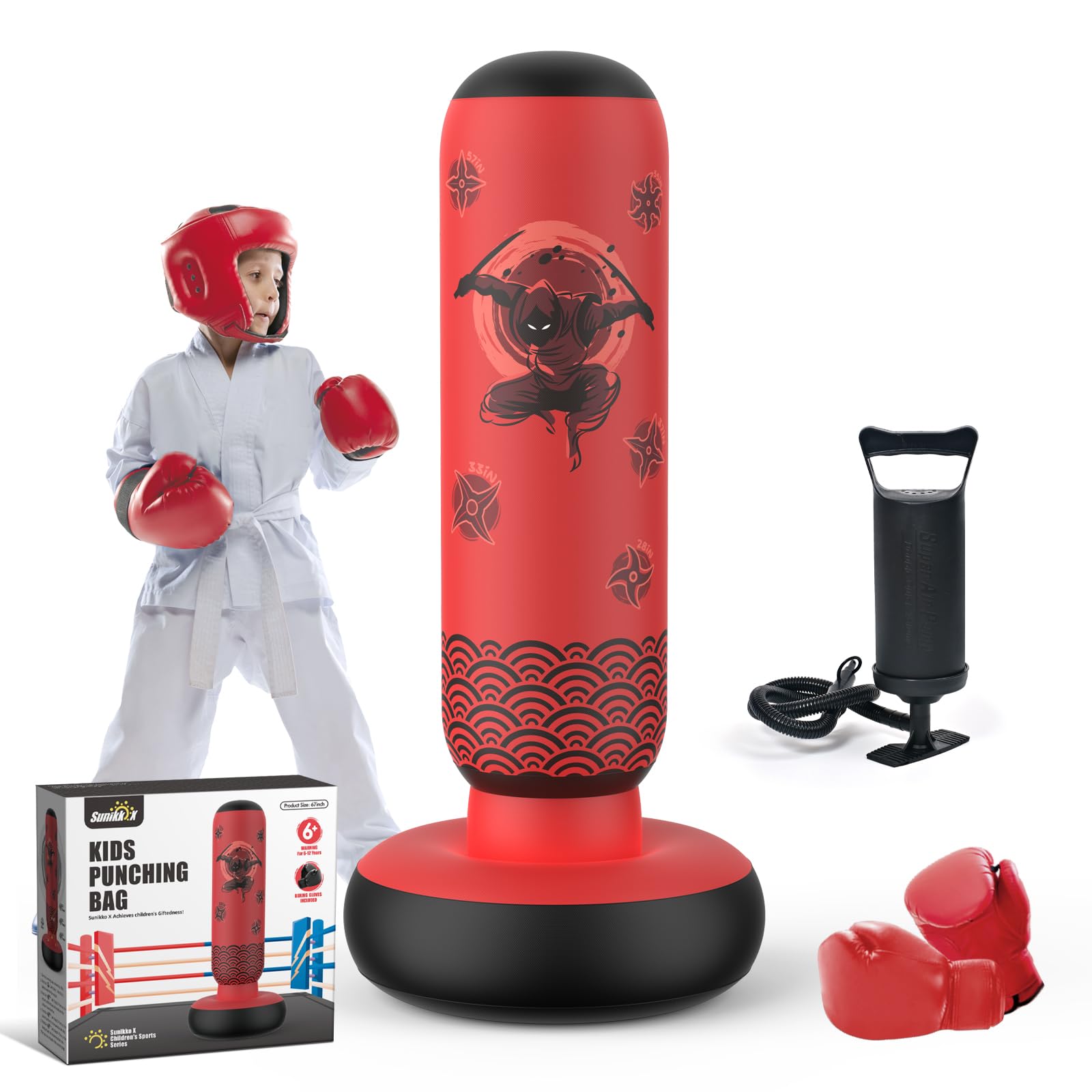 Photo 1 of Sunikko X Tall Punching Bag for Kids, Larger 66 Inch Inflatable Stable Boxing Bag for Teens, Ninja Shuriken Toy Gifts for Boys Girls, Boxing Set with Gloves and Pump for Practicing Karate Taekwondo