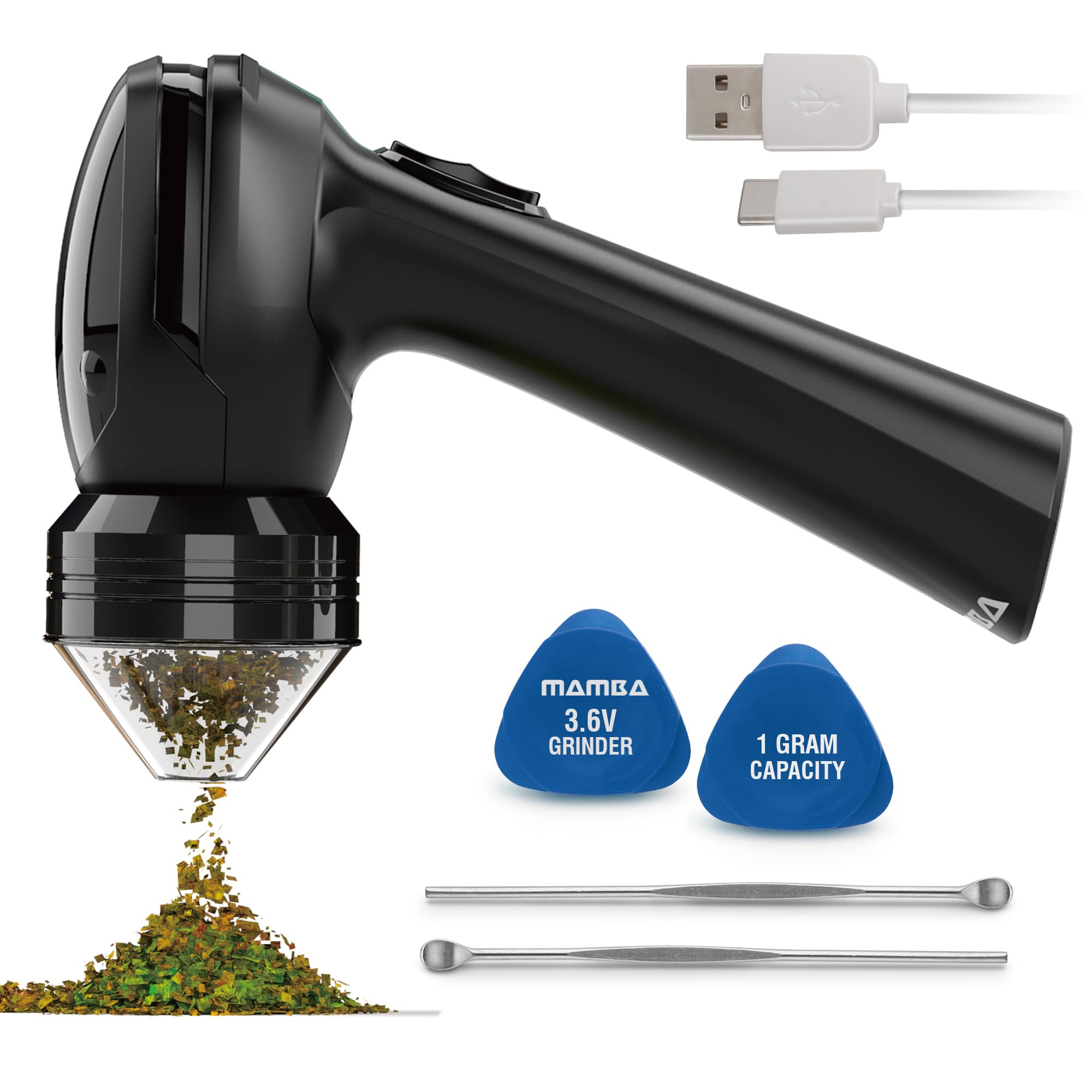 Mamba Electric Herb Grinder – USB Rechargeable Spice Grinder, Lite 0.75g Black, Lightweight All-Plastic Head, Small Portable Grinder & Spice Mill for The Kitchen
