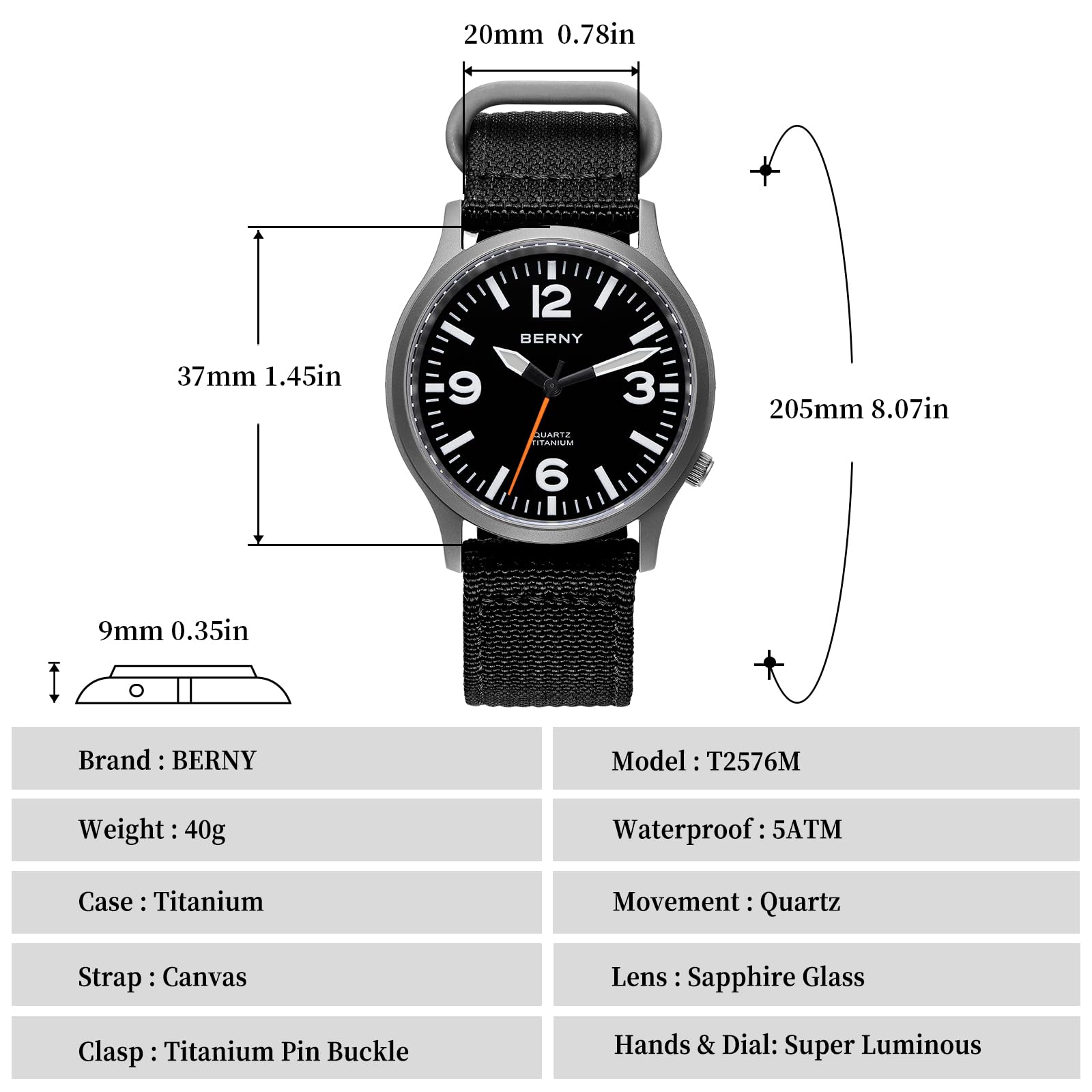 BERNY Titanium Watch Men Watches Men Watches for Men Japanese Sweep Second Quartz Movement VH31 5ATM Water Resistant Analog Quartz Watch Super Luminus Sapphire Glass, black, (1), Fashion