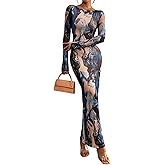 PRETTYGARDEN Bodycon Maxi Dress 2025 Fall Floral Long Sleeve Sexy Mesh Cocktail Wedding Guest Long Dresses