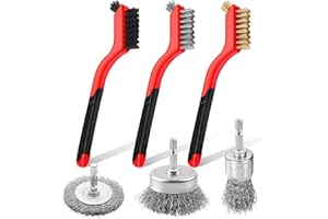 IPELY 6Pcs Wire Brushes for Cleaning Rust, Small Wire Brush, Wire Wheel for Drill Steel Brush for Cleaning with Nylon, Brass, Stainless Steel, and Carbon Steel Bristles - 7-Inch Handle & 1/4-Inch Hex Shank