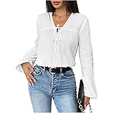 Floerns Women's Bishop Sleeve Tie Front Blouse Top V Neck Loose Fit Casual Shirts