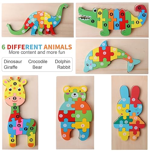 SHIERDU Wooden Puzzles for Kids, Toddler Number Puzzle, Old Wooden Dinosaur  Puzzles and Animal Jigsaw Toys for