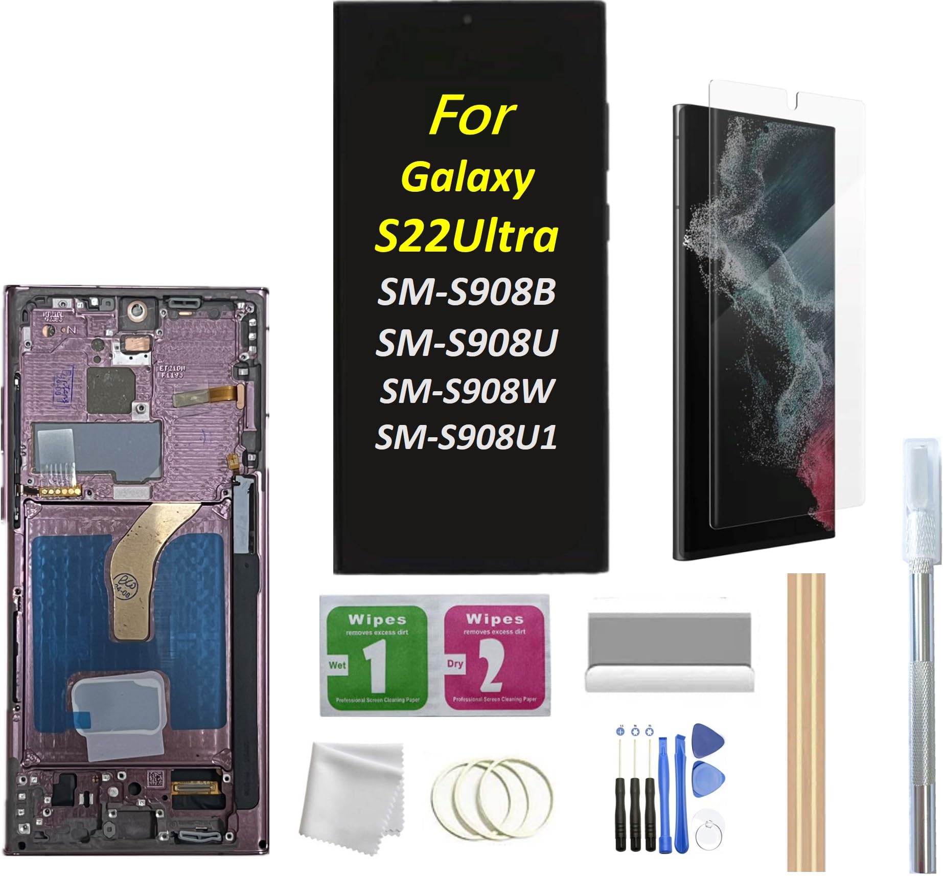 Photo 1 of Galaxy S22 Ultra LCD Screen with Frame Replacement for Samsung Galaxy S22 Ultra SM-S908B SM-S908U1, SM-S908W LCD Screen Display Touch Digitizer with Frame+Tool (Burgundy)