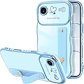 LLZ.COQUE for iPhone Air Case for Women Girls with Strap Wave Frame Cute Love-Heart Plating Bling Stand Cover, Raised Full Camera Soft Silicone Protective Phone Case for iPhone 17 Air, Baby Blue