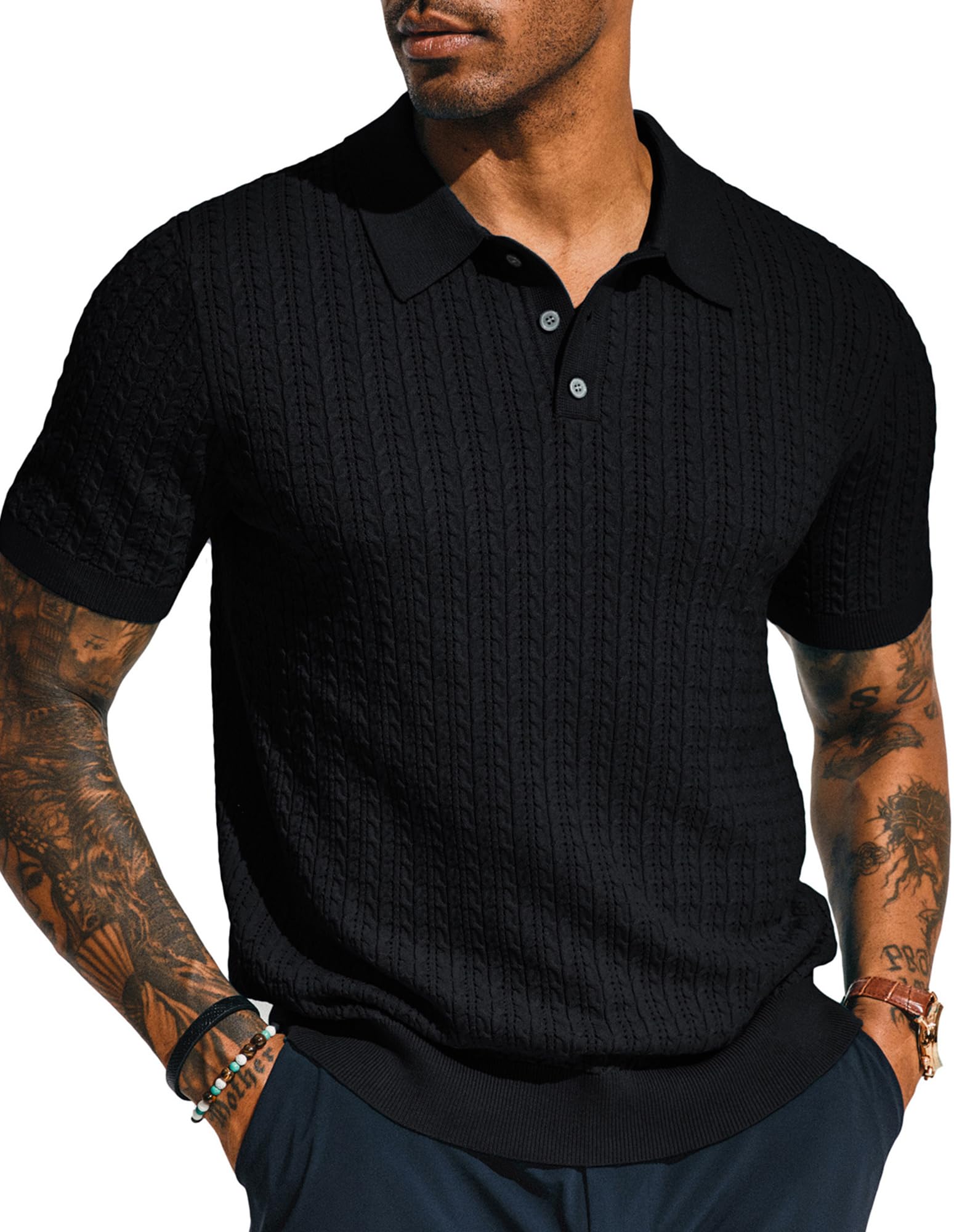 Photo 1 of PJ PAUL JONES Mens Fashion Knit Shirts Short Sleeve Hollow Out Knit Polo Casual Breathable Polo Shirts Black