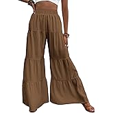 WDIRARA Women's Flowy Boho Elastic High Waist Ruffle Hem Wide Leg Beach Loose Palazzo Pants