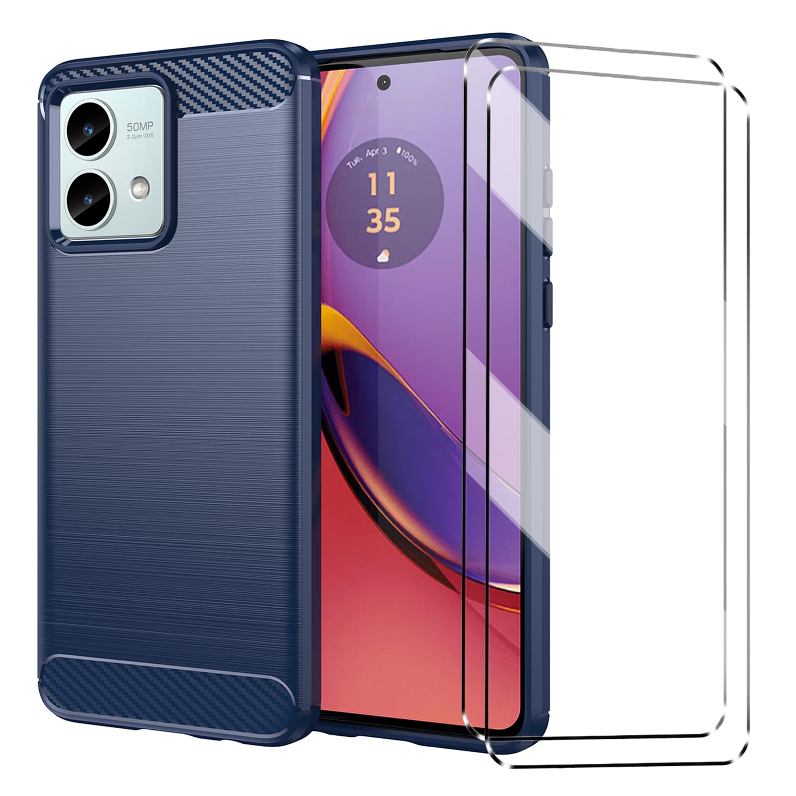 [3 in 1] Case Compatible with Motorola Moto G84 Cover with 2 Pack Tempered Glass Screen Protector for Motorola Moto G84, Slim Fit Soft TPU Shockproof Anti-Scratch Phone Case Cover - Navy