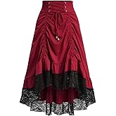 Rosegalette Womens Goth Steampunk Black Floral Lace A Line Midi Red Skirt Lace up Ruched High Low Asymmetrical Pirate Skirts