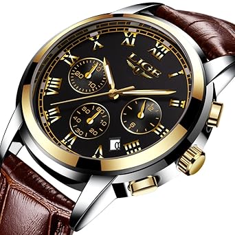 Men Leather Strap Watches Mens Chronograph Waterproof Sport Date Quartz Wrist Watch Black Gold