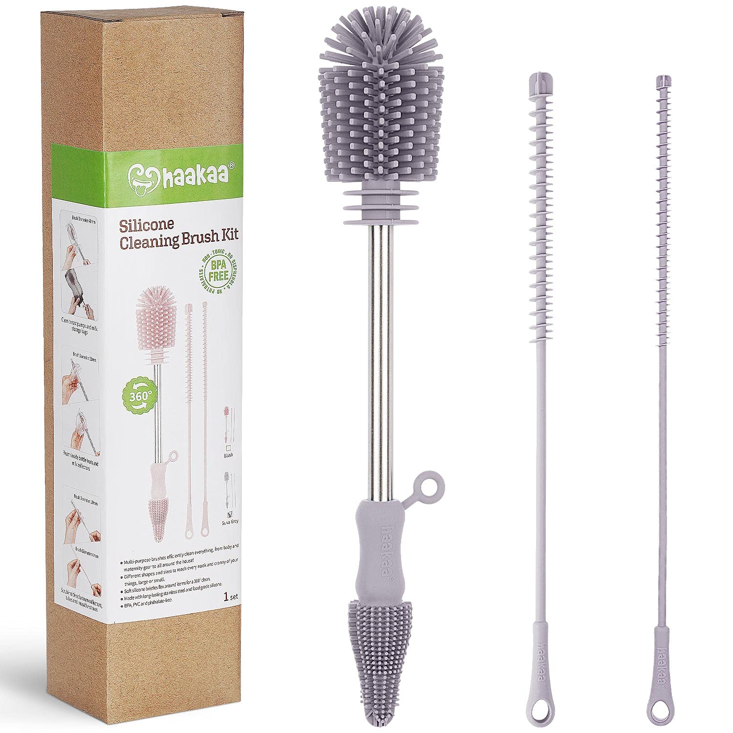 Haakaa Silicone Multifunctional Cleaning Brush Kit (Gray) - Bottle Brush for Breast Pumps, Breast Milk Collector, Baby Bottles, Nipples, Breastmilk Storage Bags