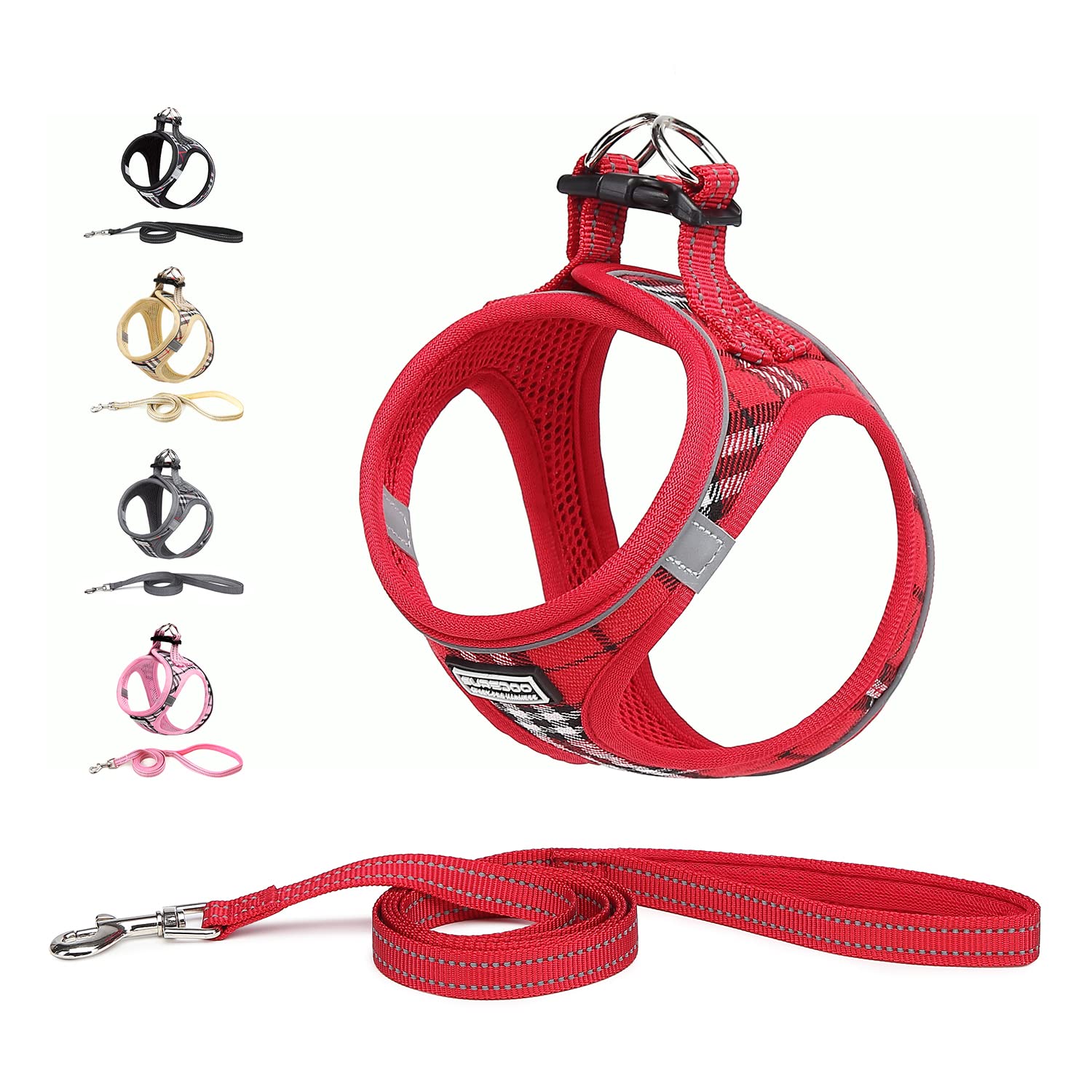 Suredoo Dog Harness and Lead Set, Step-in Breathable Reflective Puppy Cat Dog Vest Harnesses for Small Dogs (XS, Red Plaid, Chest: 25-28cm)