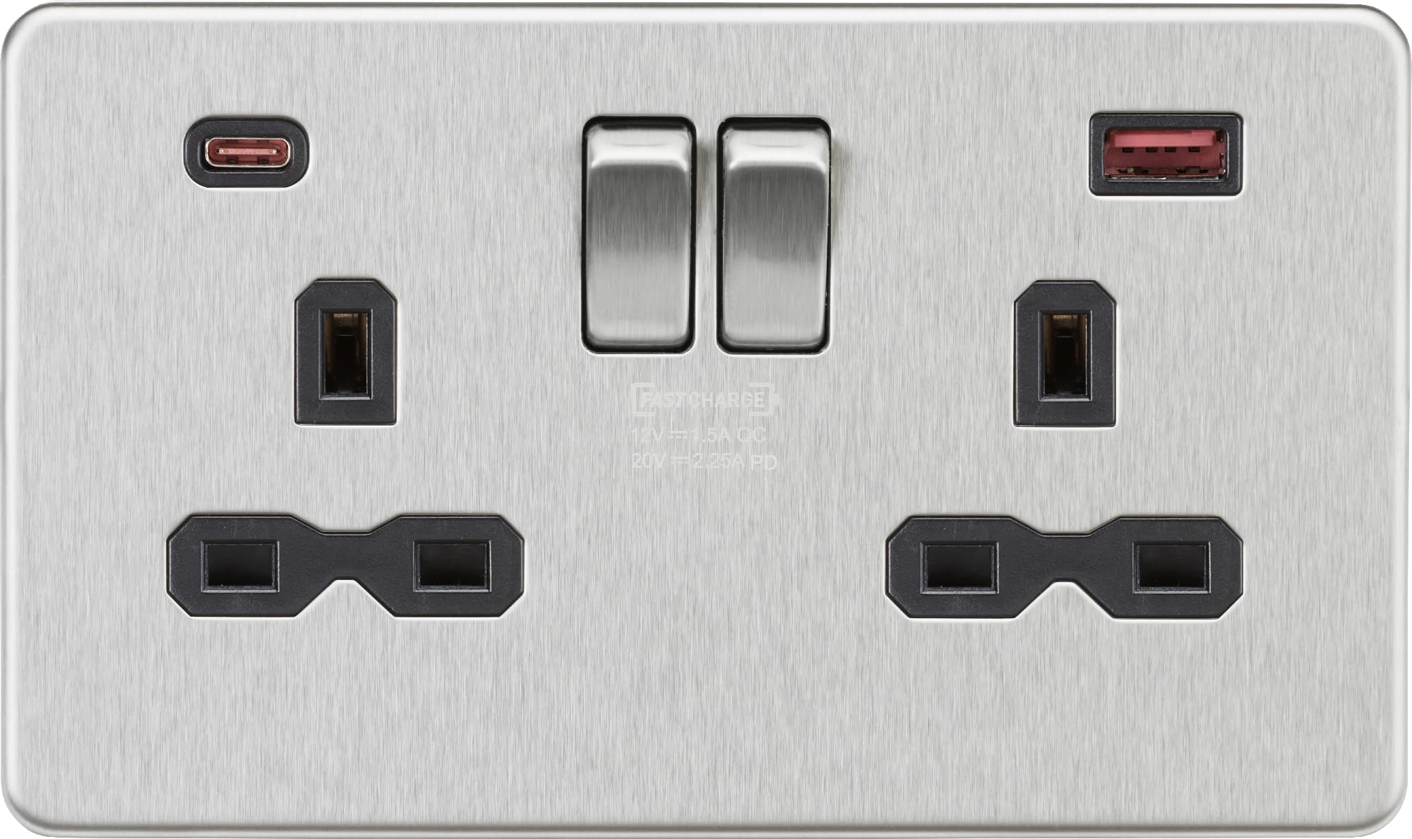 Knightsbridge 13A 2G DP Switched Socket with Dual USB A+C [45W FASTCHARGE] - Brushed Chrome with black insert