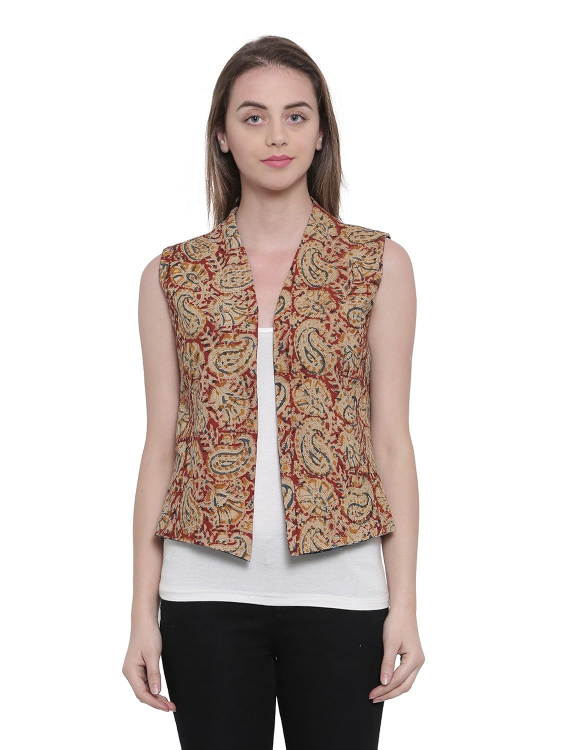 soochirang women's hand block printed sleeveless pure cotton reversible short waist coat