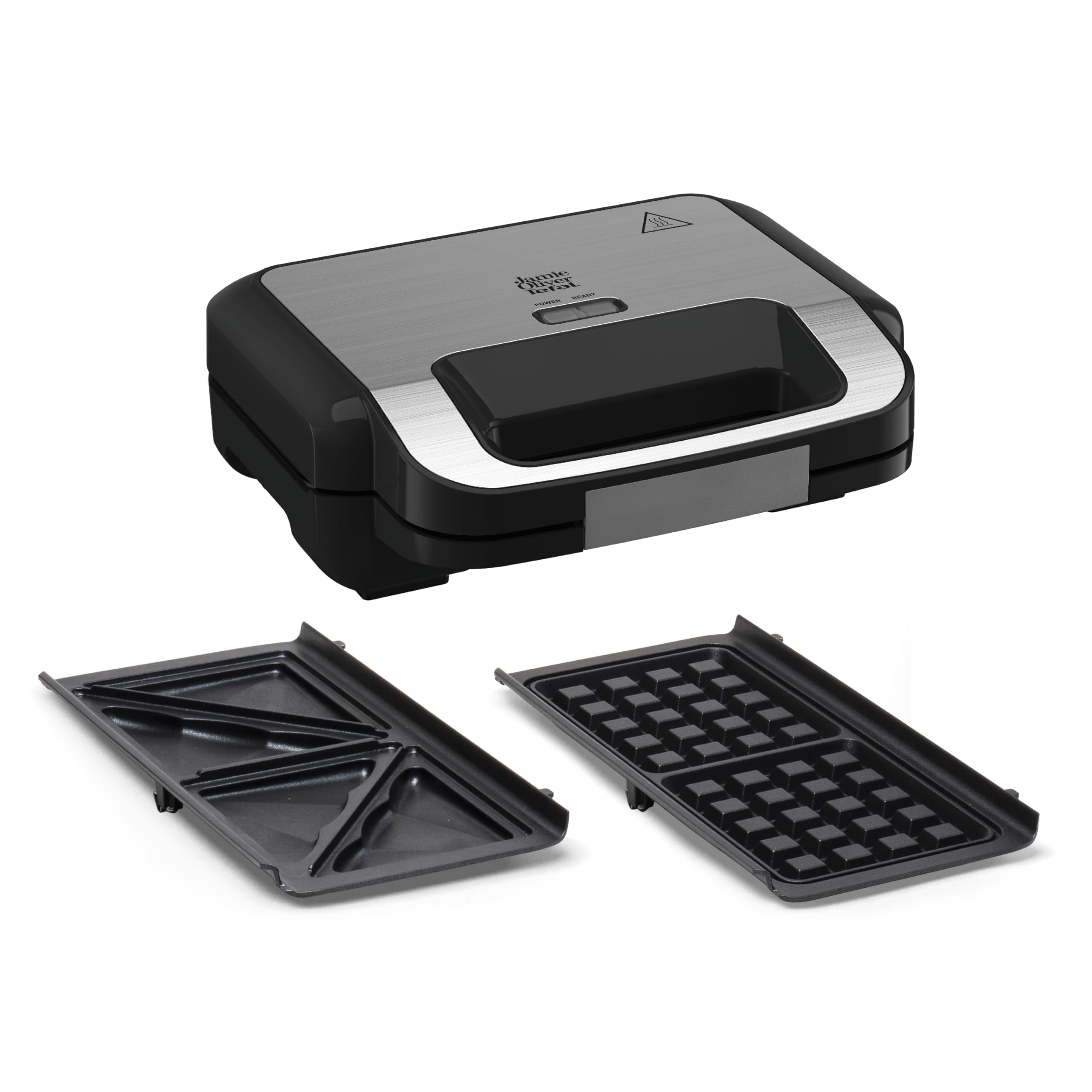 Tefal Jamie Oliver 2-in-1 Sandwich-Waffel-Kombigerät, Antihaftbeschichtete Platten, spülmaschinengeeignet, Betriebs- und Temperaturkontrollleuchte, Kabelaufwicklung, Edelstahl/Schwarz, SW70J810