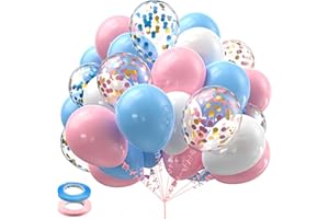 KELFARA Pink Blue White Balloons,60 Pcs 12 inch Pink Blue and White Pastel Gold Blue Confetti Latex Balloons with 2rolls 33ft Ribbon For Birthday Baby Shower Gender Reveal Party Supplies and Decorations