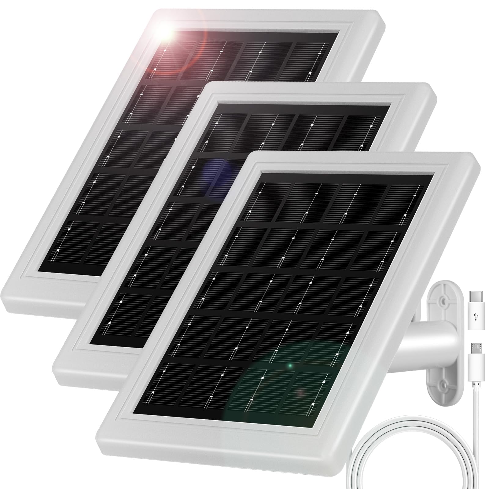 Photo 1 of Solar Panel Charger,Solar Panels for Security Camera, Solar Panel with Micro USB & USB-C Port for 5V Outdoor Rechargeable Battery Camera, IP65 Waterproof, 16.4ft Cable(3 Pack, White)