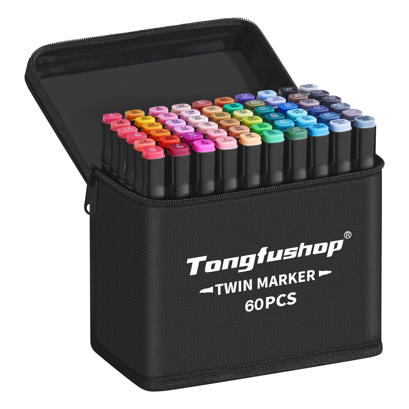 Tongfushop 60 Colored Marker Set, Colouring Pens for Adults, Dual Tip Art Alcohol Markers, Permanent Felt Tip Pens for Drawing, Sketching, Anime, Manga, Fun doodling with Carrying Case & Storage Base