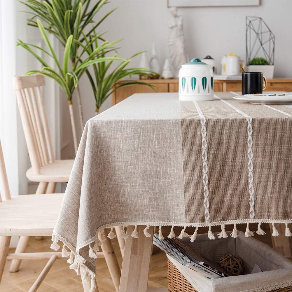 Table Cloths Oblong Cotton Linen 140x180 Wipe Clean Tablecloth Rectangular with Tassel Beige for Kitchen Dining Table Cover Decoration - 55x70 inch