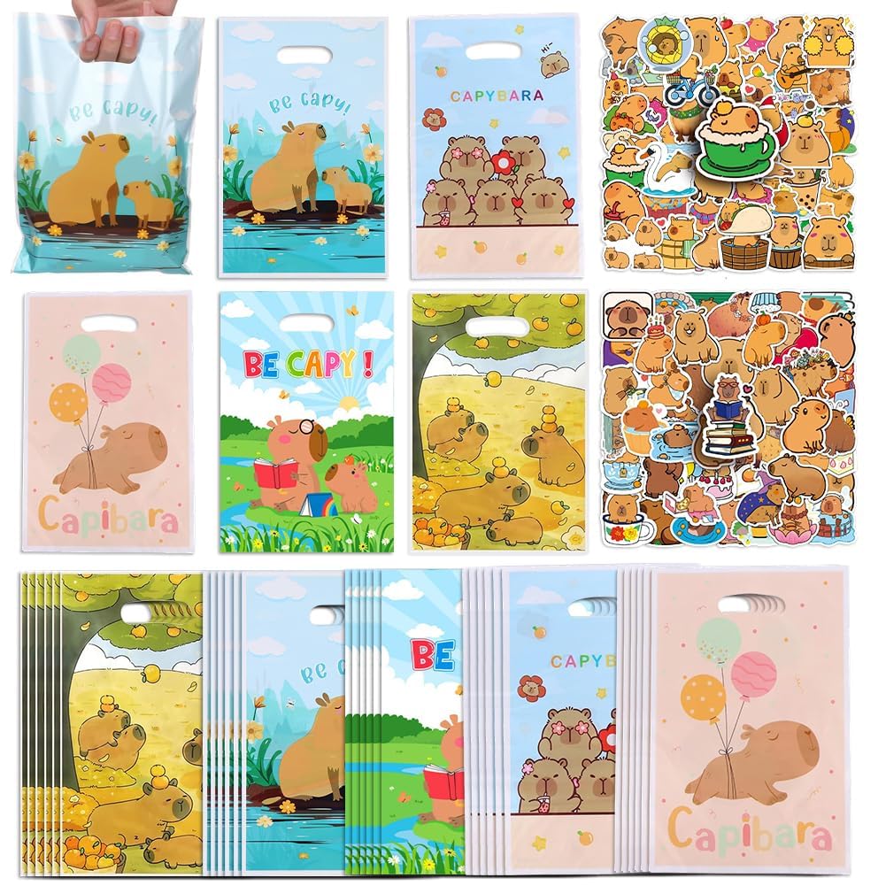 Capybara Gift Bag 50pcs With 100pcs Kawaii Animal Stickers Decals,Plastic Colorful Cute Capybara Pattern Party Favor Bags With Handles For Snacks Candies Birthday Decoration Party Supplies