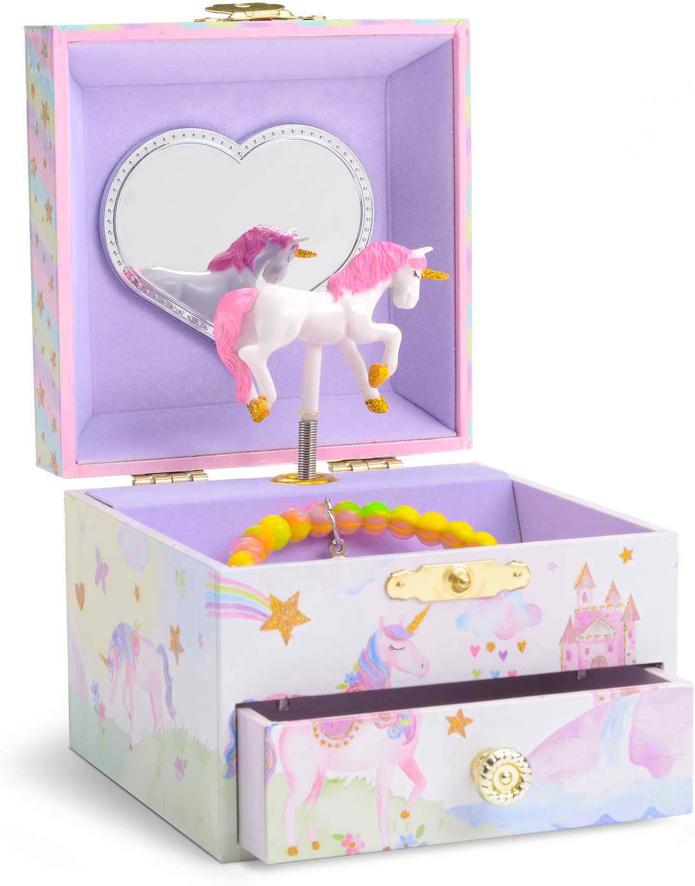 Jewelkeeper Musical Jewellery Box with Spinning Unicorn, Glitter Rainbow and Stars Design with Pull-out Drawer, The Unicorn Tune