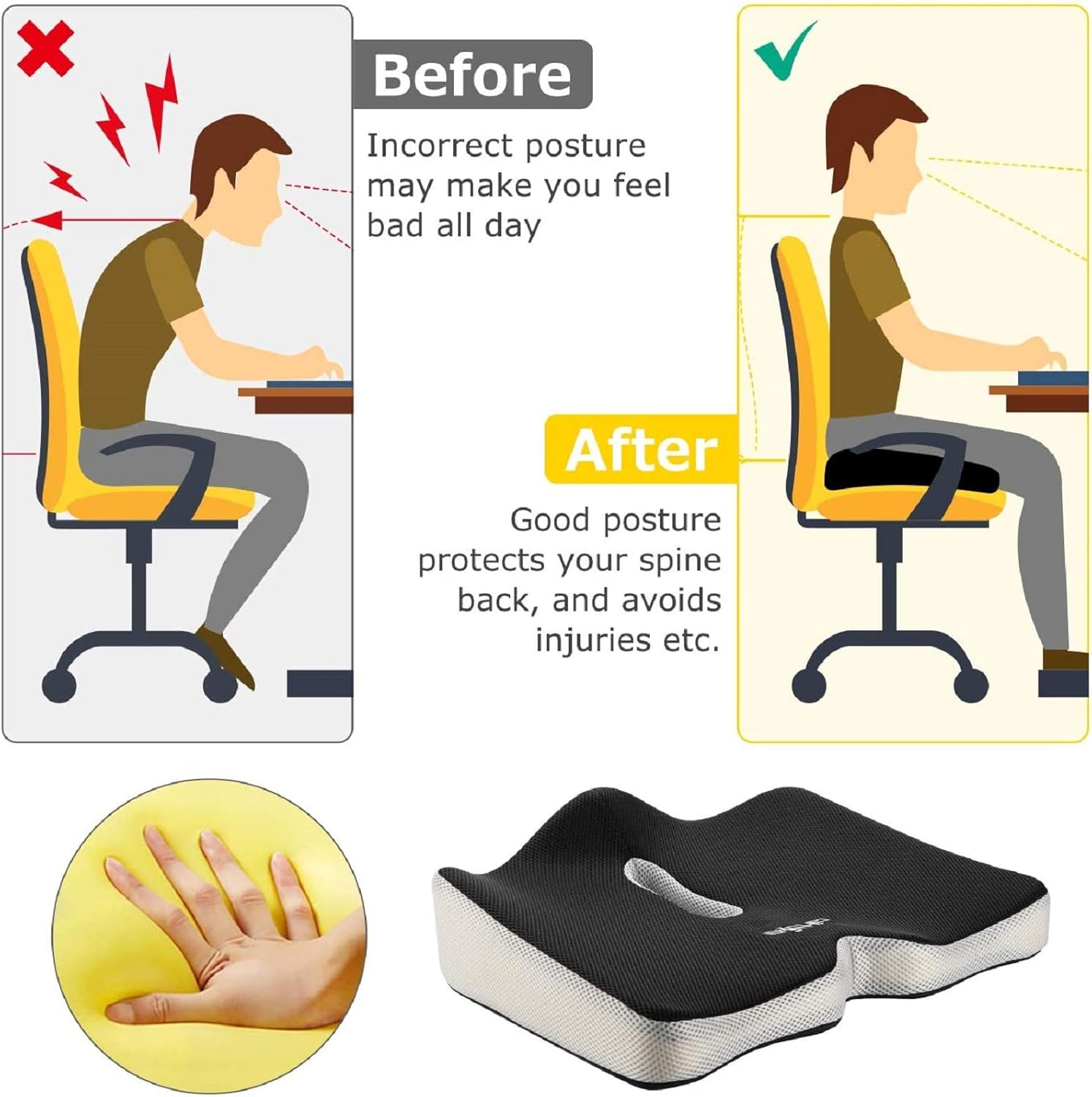 Carttiya Large Seat Cushion for Pressure Relief Donut Pillow for Office Chair, Car, Wheelchair- Orthopedic Memory Foam Coccyx Seat Cushion for Back, Sciatica & Tailbone Pain Relief, Black: Home & Kitchen